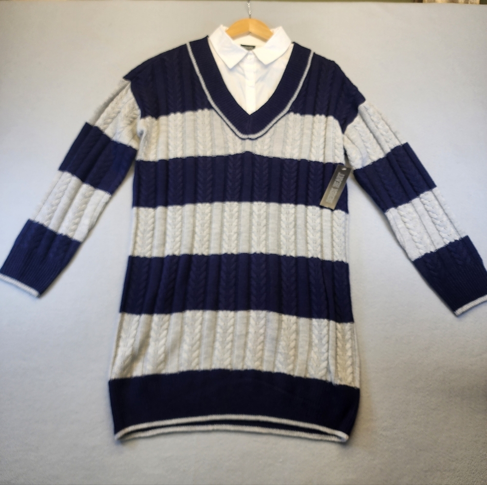 NWT Derek Heart Striped Cable Knit Sweater Dress White Collar Preppy Blue Large